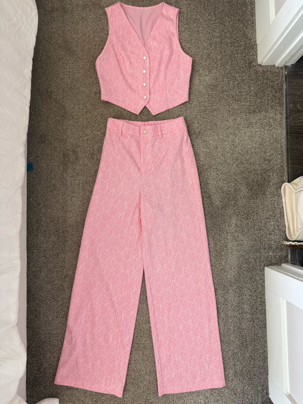 SHEIN Pink Tweed Vest & Wide-Leg Pants Set